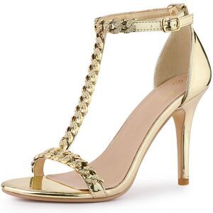 T Strap Rhinestone Ankle Strap Stiletto Heels Sandals Gold